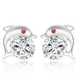 925 Silver Red Eye Dolphin Zircon Stud Earrings for Women, FB16FA1012